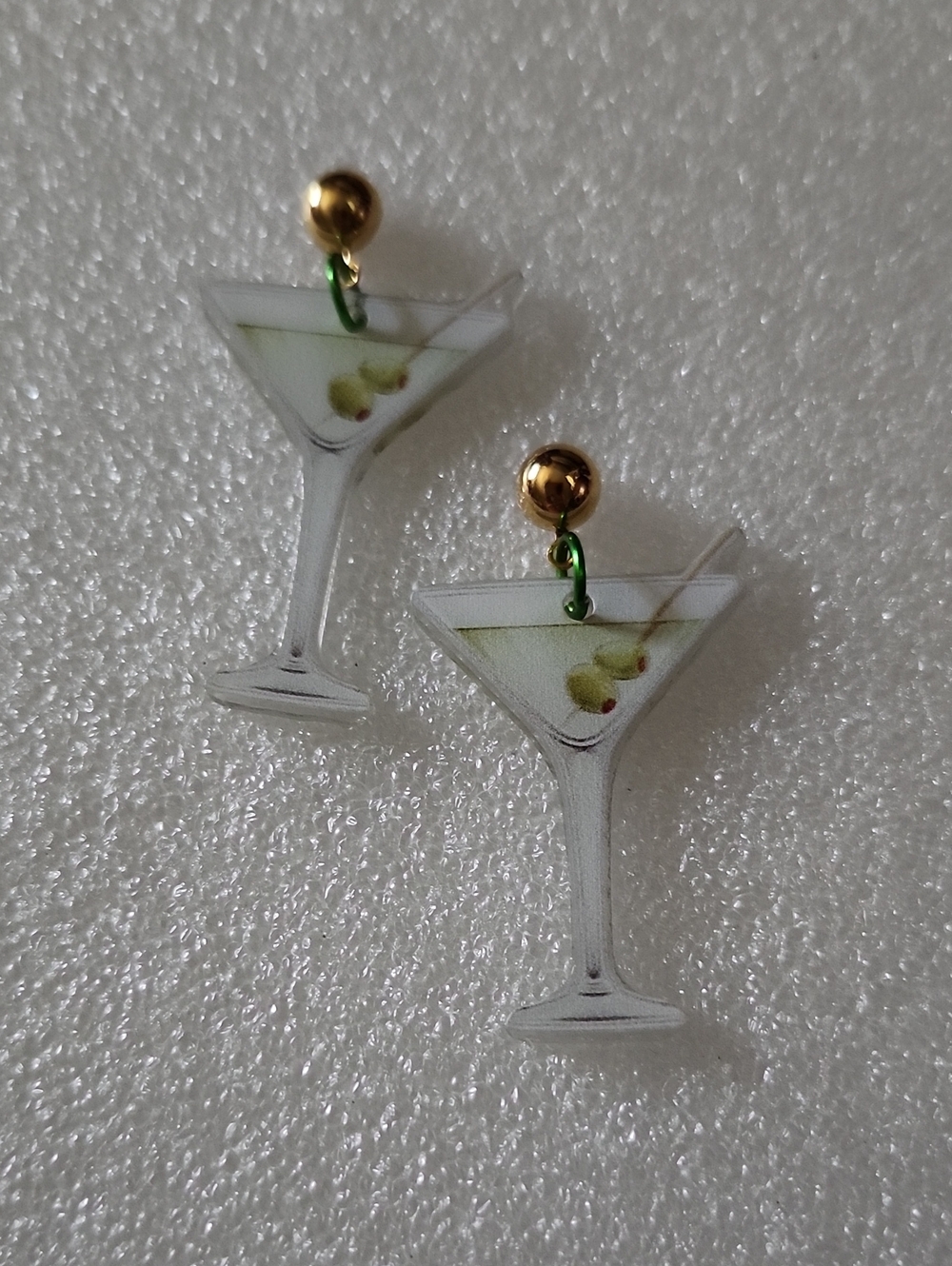 Hand Crafted Clear Martini Glass Earrings with Gold and Green Accents